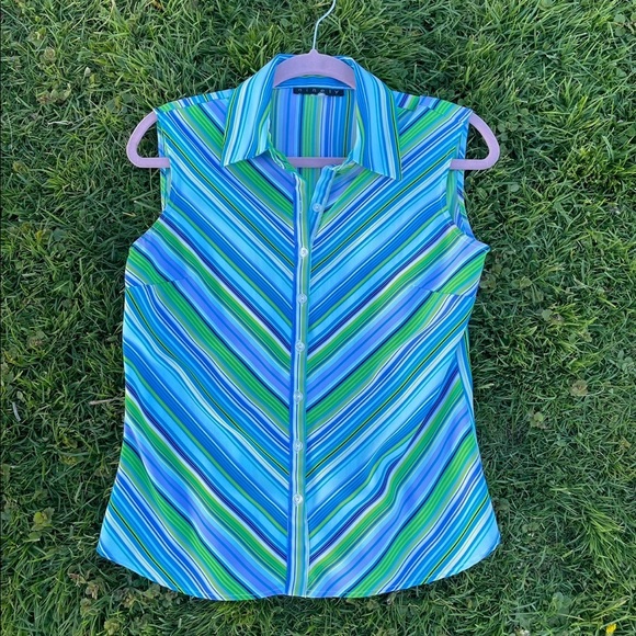Y2K vintage blue collared striped sleeveless top - Picture 7 of 7